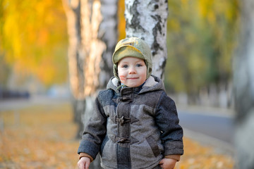 Little boy standing near the tree in autumn