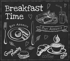 hand-drawn breakfast food collection on chalkboard