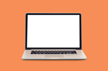 Laptop with blank screen isolated white Orange background.