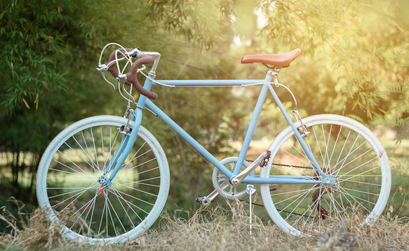 beautiful image with sport vintage bicycle at garden ; vintage f