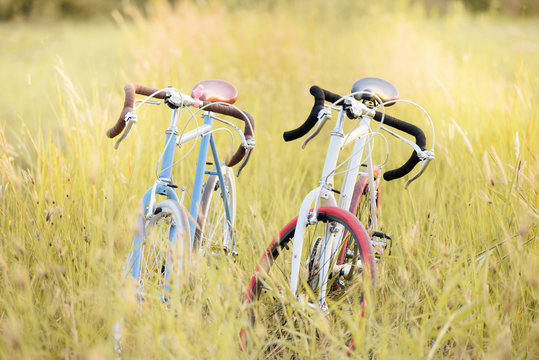 beautiful landscape image with two sport vintage Bicycle at summ