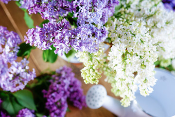Obraz premium Purple and white lilac bunch with watering can