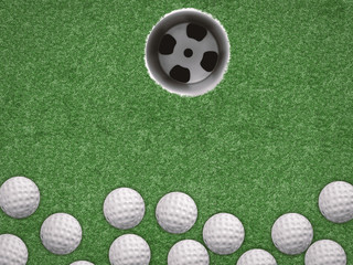 top view golf balls with golf cup on green background