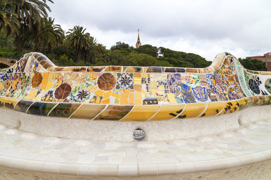 Gaudi multicolored mosaic bench  in Park Guell; Barcelona; Spain