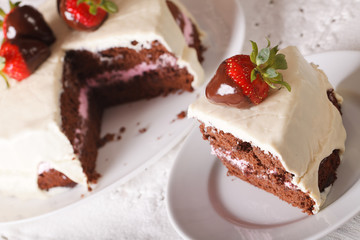 Slice of cake with white and dark chocolate, strawberries closeup. horizontal

