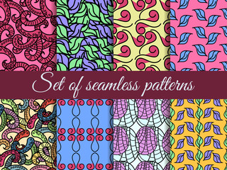 Set of seamless patterns hand drawn, seamless backgrounds, hand-drawn doodles seamless pattern. Vector illustration.