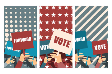 Election campaign, election vote, election poster, holding posters, election banner, supporting team, voters support, people with placards. Vector.