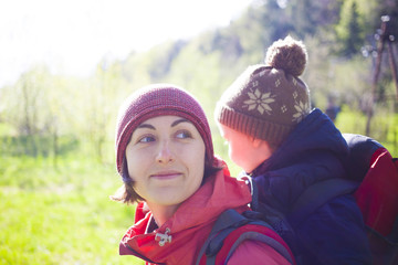 The mother and son are traveling.