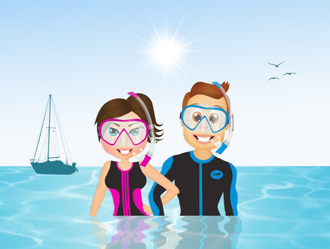 man and woman scuba diving