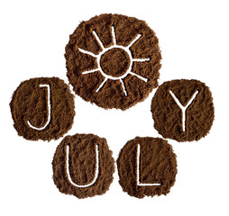 July and sun, decorated with ground coffee on white background