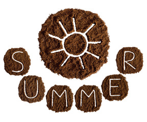 Summer and sun, decorated with ground coffee on white background