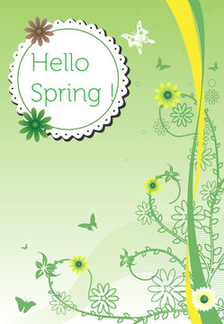 Colorful illustration with flowers and butterflies and the text hello spring written on a rounded tag