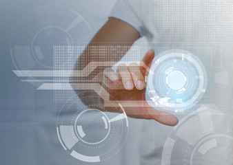 Male hand working with virtual screen. Modern technology and business strategy concept