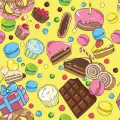 Seamless pattern of sweets on a yellow background