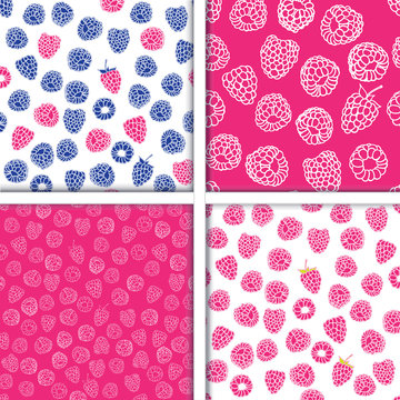 Set of seamless patterns of delicious ripe raspberries