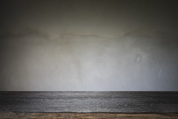 Wooden table or floor platform and polished concrete surface bac