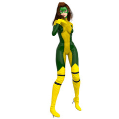 one young girl in a yellow-green outfit. The right hand near face