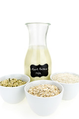 Bottle of homemade plant based milk and bowls with ingredients, on white background