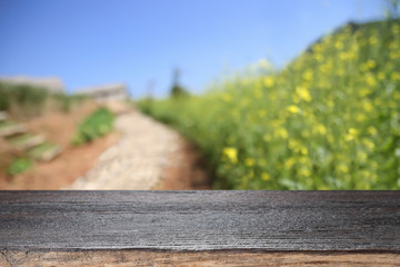 Fototapeta premium Wooden desk space platform on farm of field background
