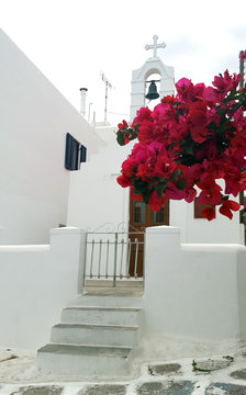 White Church And Red Bougainvillea In Mykonos