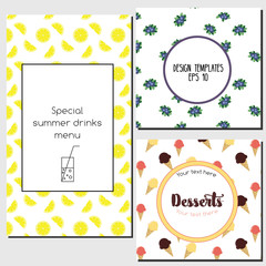 Menu design templates with fruits, berries and ice cream cones