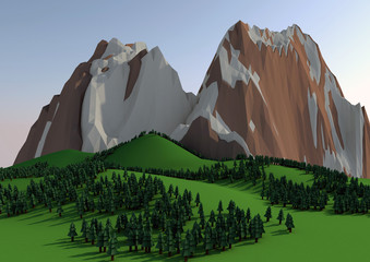 Low poly mountains landscape.Polygonal shapes peaks with snow on top and trees around