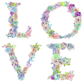 Romantic word ''LOVE''  wreathed with watercolor succulents, flowers and leaves on a white background, hand drawn isolated letters