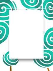 Close-up of one blank frame hanged bu pegs against aqua abstract trees illustration background