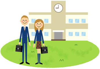 学生と校舎　男子学生と女子学生