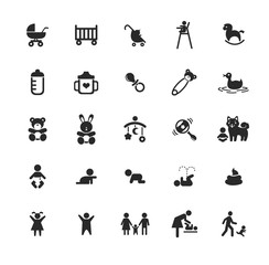A set of baby icons in black and white