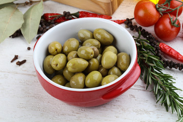 Green olives in the bowl