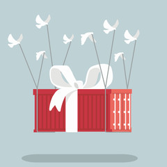 Gift container flying with white bird