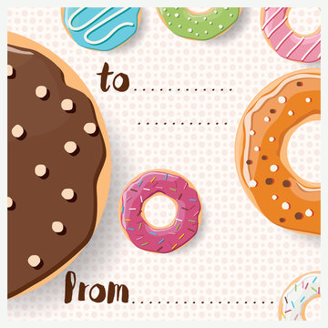Birthday card design with colorful glossy tasty donuts