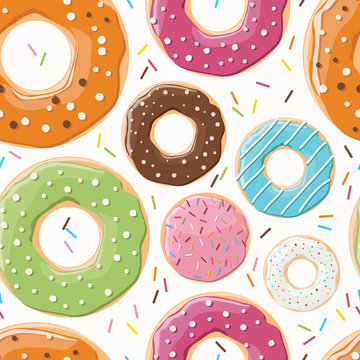 Seamless pattern with colorful tasty glossy donuts
