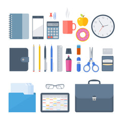 Business, office workplace items. Vector flat illustration of top view objects. Isolated business, office, school workspace accessories on white background. Infographic elements for web, presentation.
