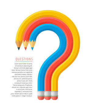 Flat stile graphic education and business concept. Group of red, yellow and blue pencils as a question mark. Infographics vector elements for web, newspaper articles, social networks.