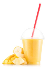 Yellow smoothie with mango, pineapple, banana and melon - obrazy, fototapety, plakaty