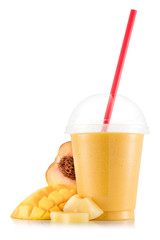 Yellow smoothie with mango, pineapple and peach - obrazy, fototapety, plakaty
