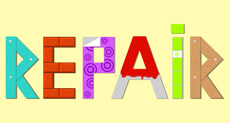 Logo home remodel. Logo word repair on beige. The word repair in the form of the wood structure, brick walls, tiles, Wallpaper, painted walls.