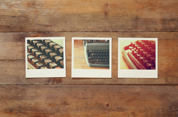 top view of instant photos album on wooden background
