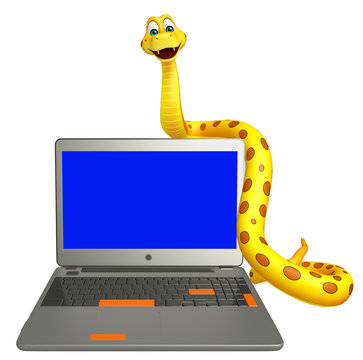 fun Snake cartoon character with laptop