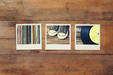 top view of instant photos album on wooden background