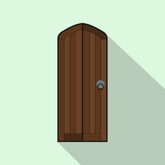 Brown arched wooden door icon, flat style