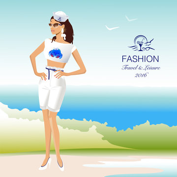 Beautiful stylish woman in sailor, marine uniform on beach. Fashion model. Vector Illustration