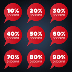 Set of red percent discount speech bubble, sale vector illustration on black vackground