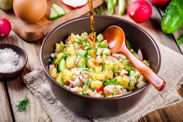 Okroshka. Russian cold soup with kvass