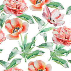 Panele Szklane Podświetlane  Wzór z tulipanami. Akwarela.