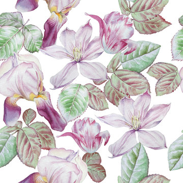  Seamless pattern with spring flowers.  Clematis. Tulip.  Iris. Watercolor.