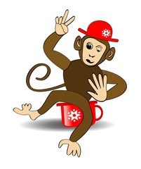 Monkey cartoon. Monkey in red hat on red potty. Monkey making victoria gesture. Cheerful monkey teetering on red potty. Winking playful monkey.