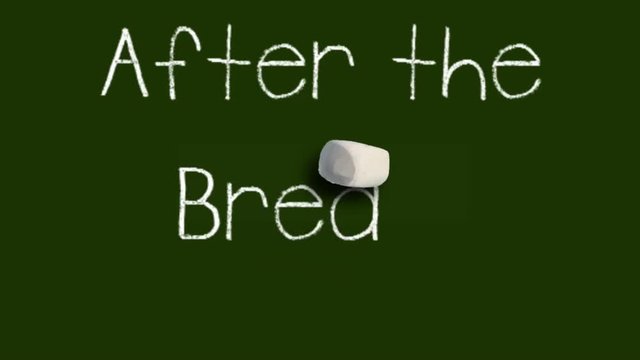 A moving chalk with a shadow writes on a green chalk board 'After the Break...'